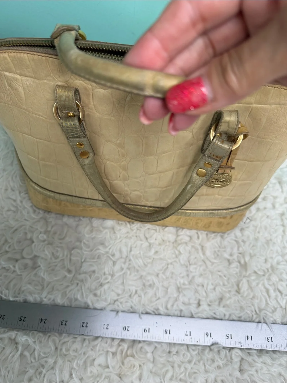 Brahmin Dome Classic Croc-Embossed Dome Satchel in Cream and Tan,NO LONG STRAP